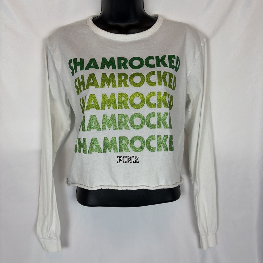 VICTORIA'S SECRET PINK Cropped Shamrocked Long Sleeve Shirt Lace Up Back, Small